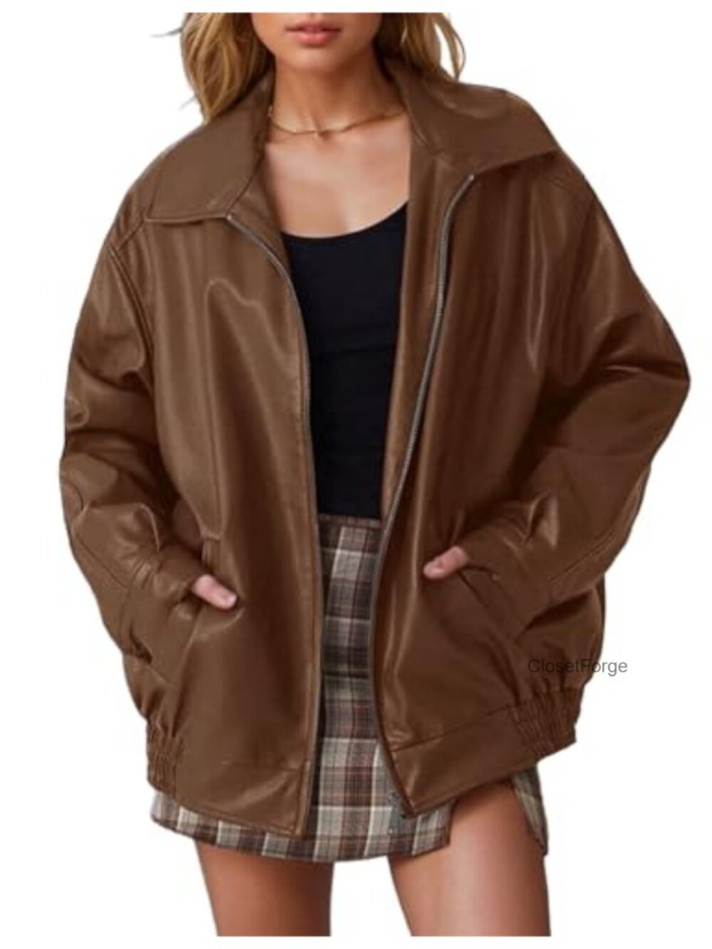 Oversized Faux Leather Motorcycle Bomber Jacket Fall Winter